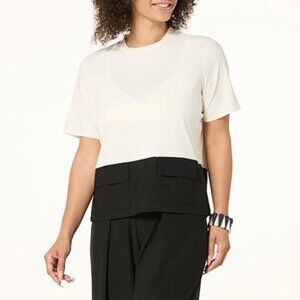 Wynne Layers White Navy Blue Luxe Crepe Spliced Tee Pockets Large